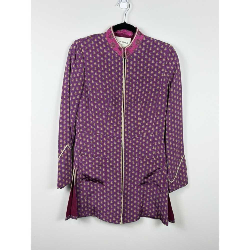 Etro 100% Silk Paisley Mandarin collar Tunic 40 Made in Italy Purple *READ